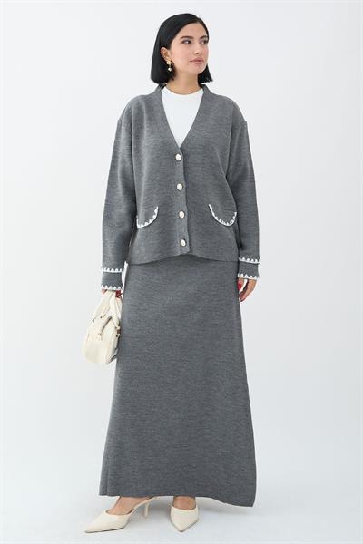 Dikiş Detay Etekli Antrasit Triko Takım