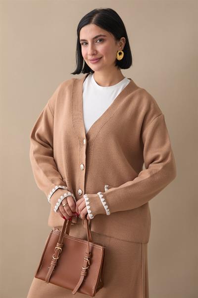 Dikiş Detay Etekli Camel Triko Takım