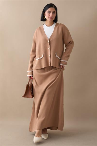 Dikiş Detay Etekli Camel Triko Takım