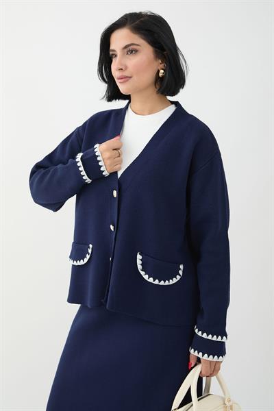 Dikiş Detay Etekli Lacivert Triko Takım