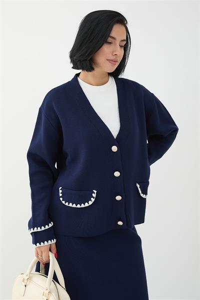 Dikiş Detay Etekli Lacivert Triko Takım