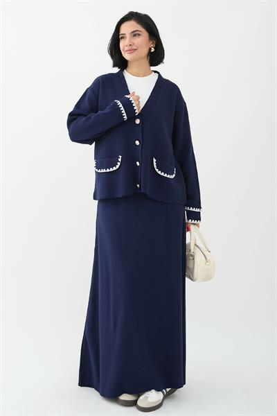 Dikiş Detay Etekli Lacivert Triko Takım