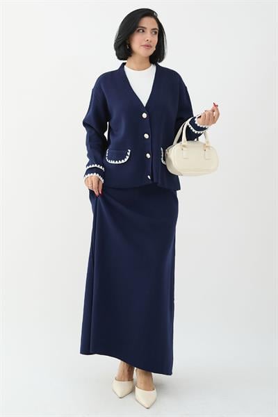 Dikiş Detay Etekli Lacivert Triko Takım