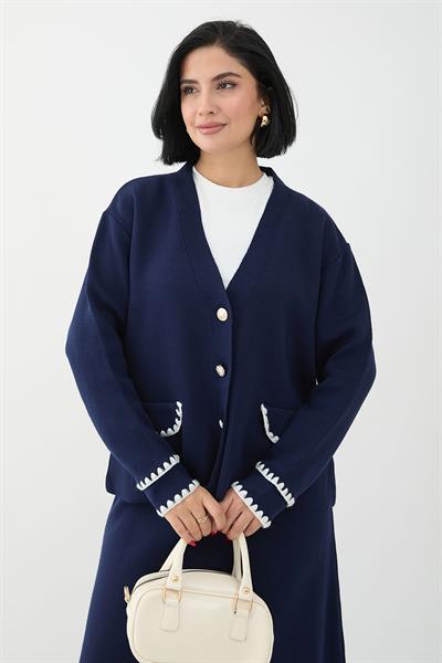 Dikiş Detay Etekli Lacivert Triko Takım