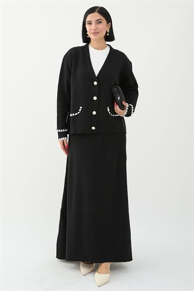 Dikiş Detay Etekli Siyah Triko Takım