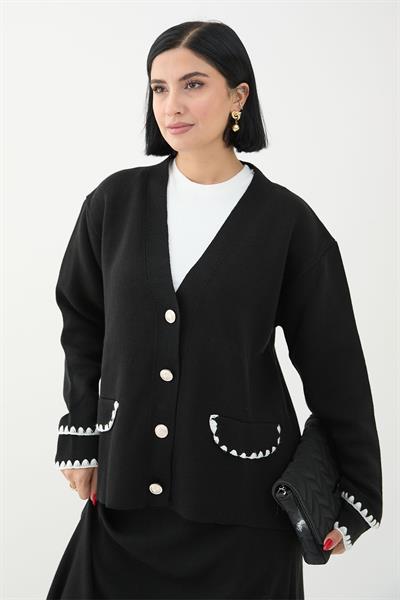 Dikiş Detay Etekli Siyah Triko Takım