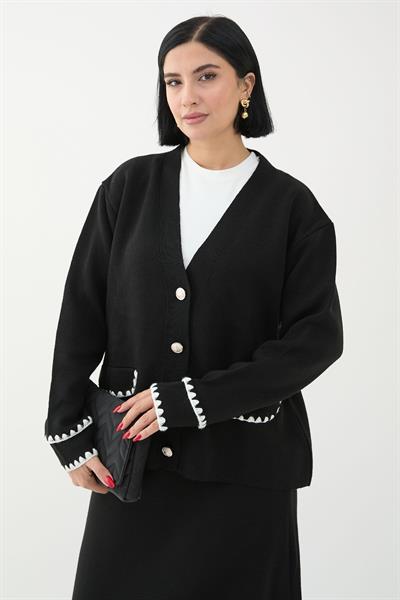 Dikiş Detay Etekli Siyah Triko Takım