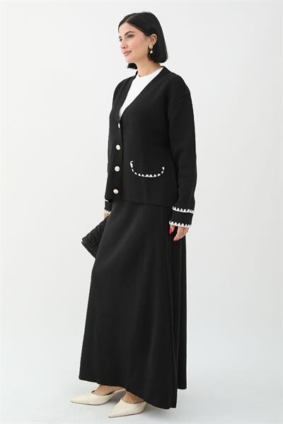Dikiş Detay Etekli Siyah Triko Takım