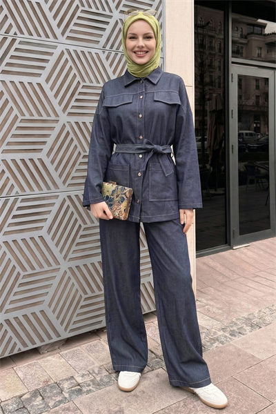 Dikiş ve Cep Detaylı İkili Mavi Takım
