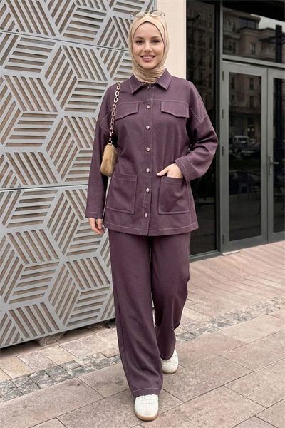 Dikiş ve Cep Detaylı İkili Mürdüm Takım