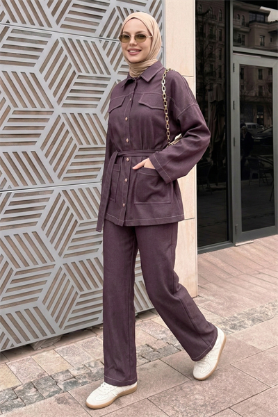 Dikiş ve Cep Detaylı İkili Mürdüm Takım