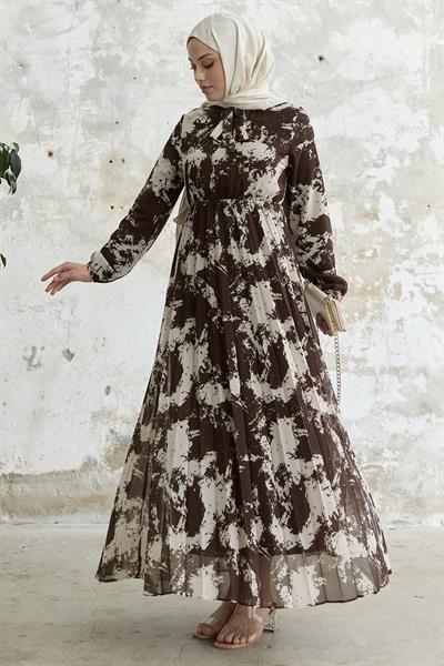 Diva Yakası Kuşaklı Piliseli Acı Kahve Şifon Elbise