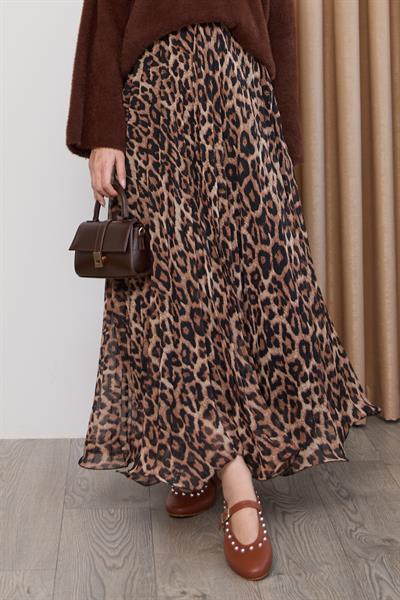 Dökümlü Kıvrımlı Leopar Desen Taba Şifon Etek
