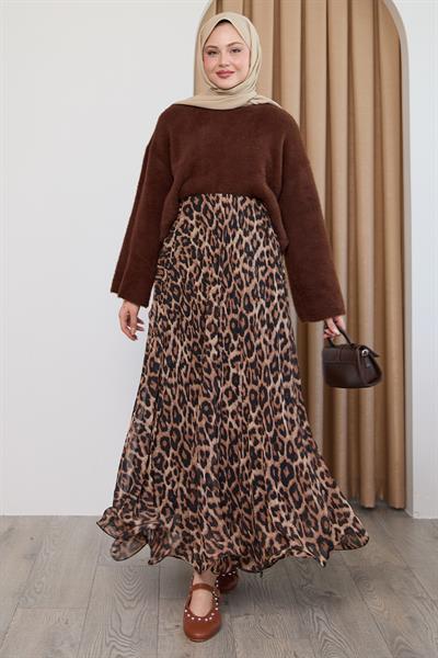 Dökümlü Kıvrımlı Leopar Desen Taba Şifon Etek