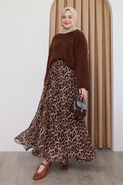 Dökümlü Kıvrımlı Leopar Desen Taba Şifon Etek