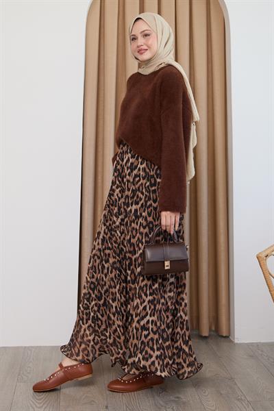 Dökümlü Kıvrımlı Leopar Desen Taba Şifon Etek
