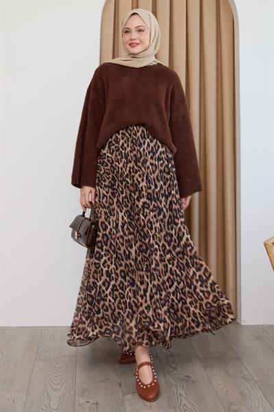 Dökümlü Kıvrımlı Leopar Desen Taba Şifon Etek
