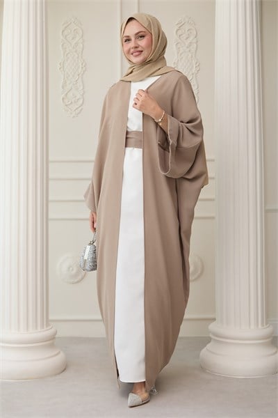 Dökümlü Taşlı Elbiseli Bej Abaya