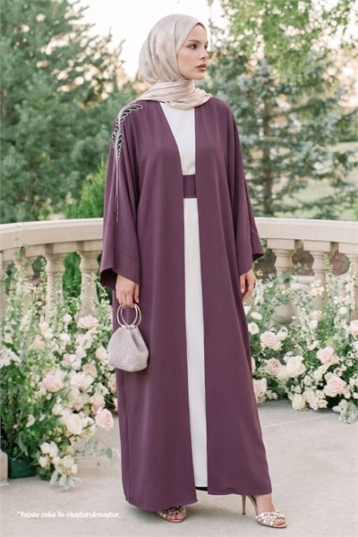 Dökümlü Taşlı Elbiseli Gül Kurusu Abaya