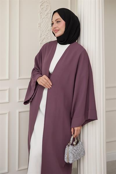 Dökümlü Taşlı Elbiseli Gül Kurusu Abaya