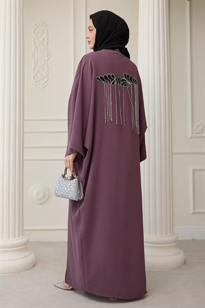 Dökümlü Taşlı Elbiseli Gül Kurusu Abaya