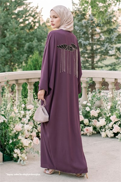 Dökümlü Taşlı Elbiseli Gül Kurusu Abaya