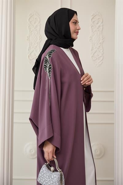 Dökümlü Taşlı Elbiseli Gül Kurusu Abaya