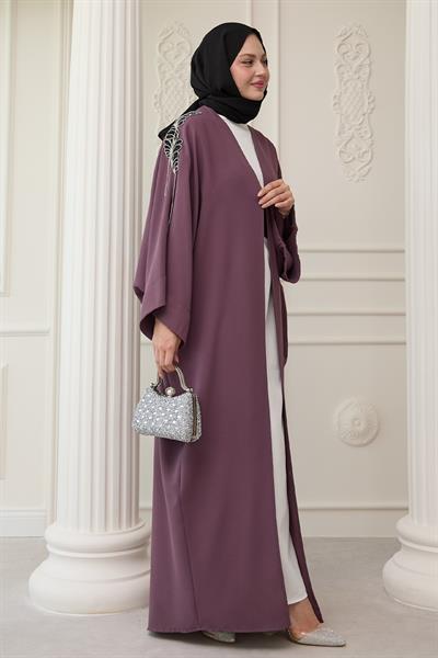 Dökümlü Taşlı Elbiseli Gül Kurusu Abaya