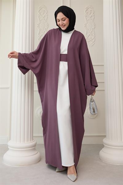 Dökümlü Taşlı Elbiseli Gül Kurusu Abaya