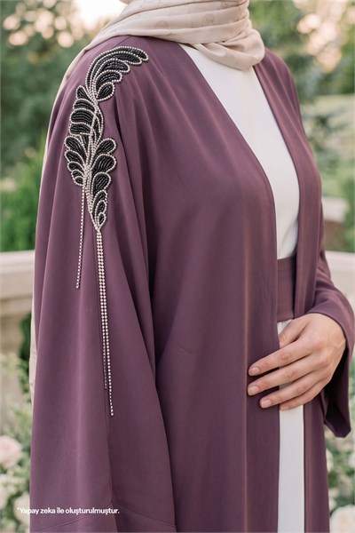 Dökümlü Taşlı Elbiseli Gül Kurusu Abaya