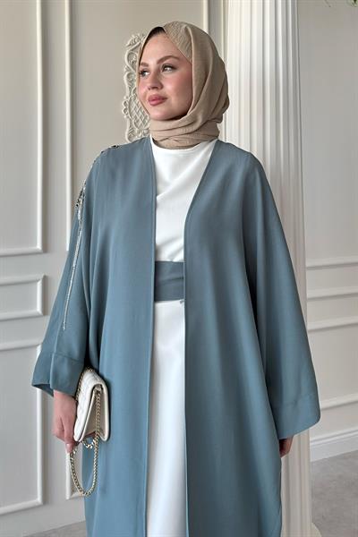 Dökümlü Taşlı Elbiseli Mint Yeşili Abaya
