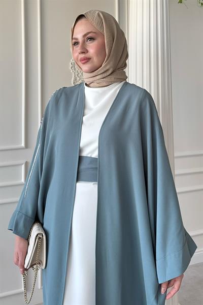 Dökümlü Taşlı Elbiseli Mint Yeşili Abaya