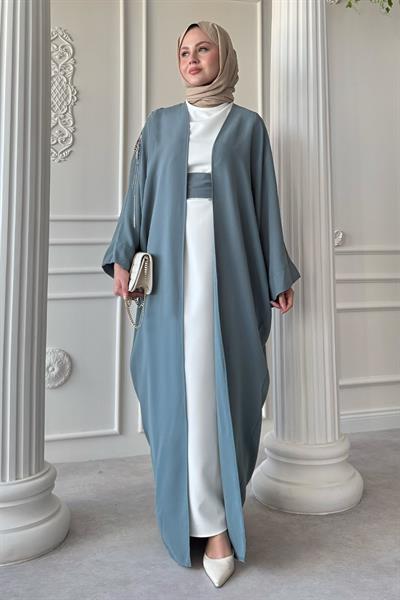 Dökümlü Taşlı Elbiseli Mint Yeşili Abaya