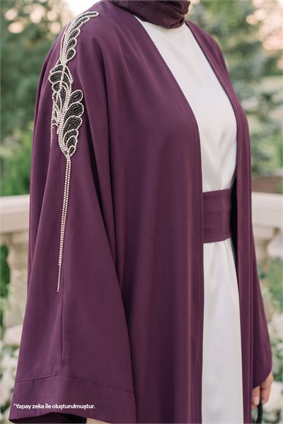 Dökümlü Taşlı Elbiseli Mor Abaya