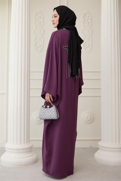 Dökümlü Taşlı Elbiseli Mor Abaya