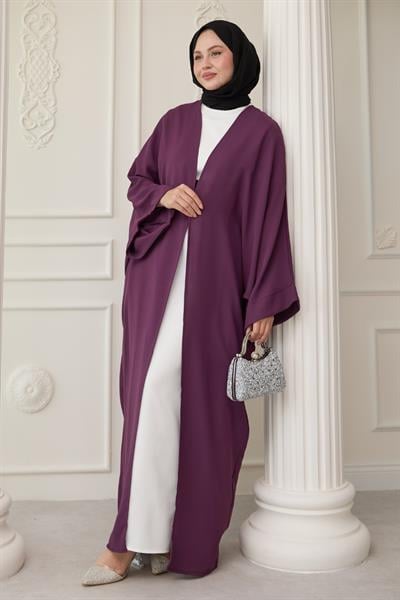 Dökümlü Taşlı Elbiseli Mor Abaya