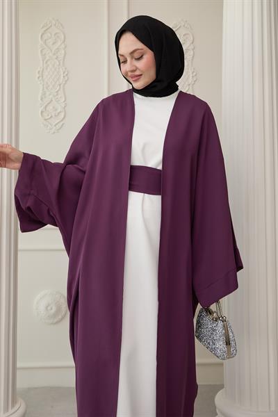 Dökümlü Taşlı Elbiseli Mor Abaya