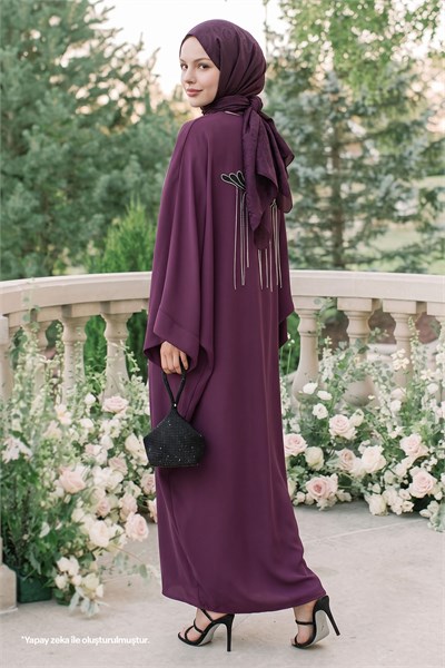 Dökümlü Taşlı Elbiseli Mor Abaya