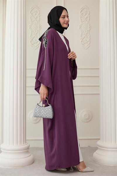 Dökümlü Taşlı Elbiseli Mor Abaya