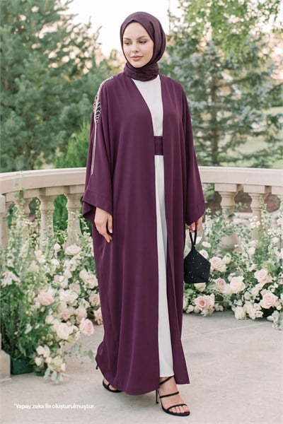 Dökümlü Taşlı Elbiseli Mor Abaya