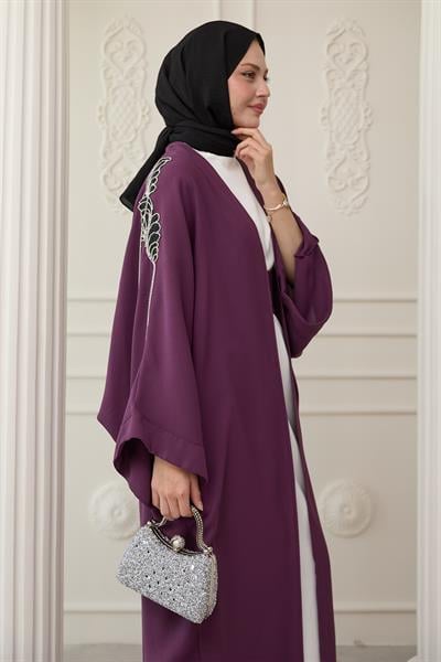 Dökümlü Taşlı Elbiseli Mor Abaya