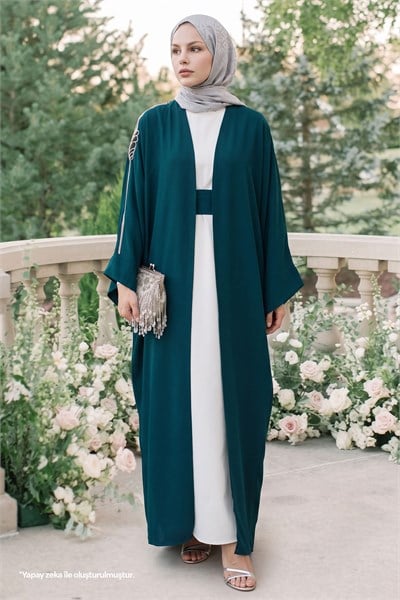 Dökümlü Taşlı Elbiseli Petrol Mavisi Abaya