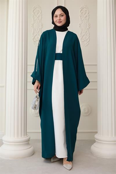 Dökümlü Taşlı Elbiseli Petrol Mavisi Abaya