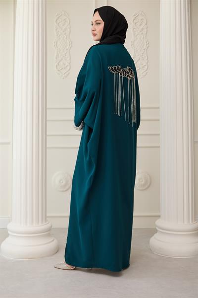 Dökümlü Taşlı Elbiseli Petrol Mavisi Abaya