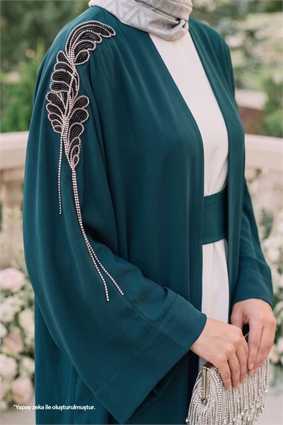 Dökümlü Taşlı Elbiseli Petrol Mavisi Abaya