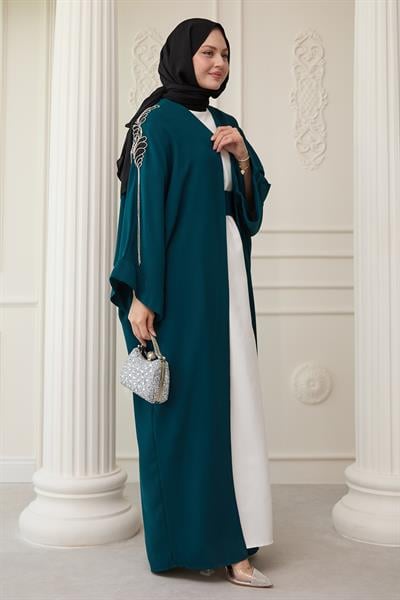 Dökümlü Taşlı Elbiseli Petrol Mavisi Abaya