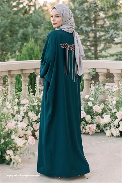 Dökümlü Taşlı Elbiseli Petrol Mavisi Abaya