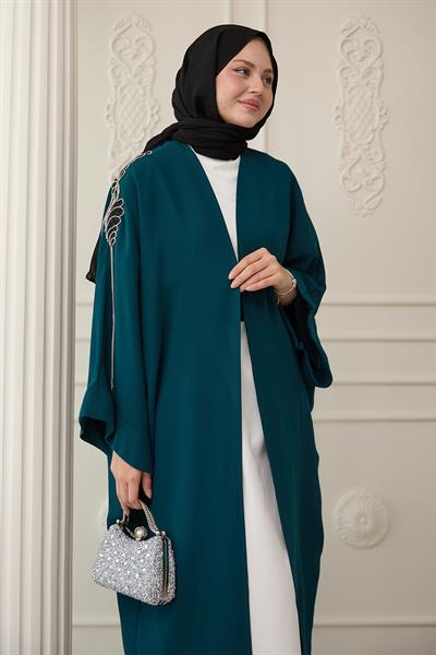 Dökümlü Taşlı Elbiseli Petrol Mavisi Abaya