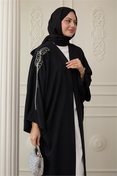 Dökümlü Taşlı Elbiseli Siyah Abaya