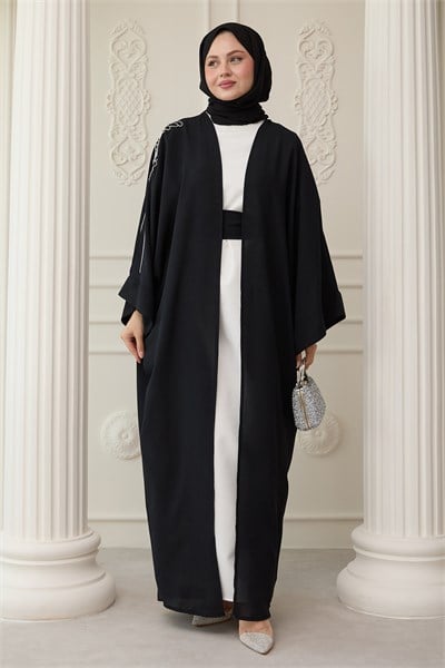 Dökümlü Taşlı Elbiseli Siyah Abaya